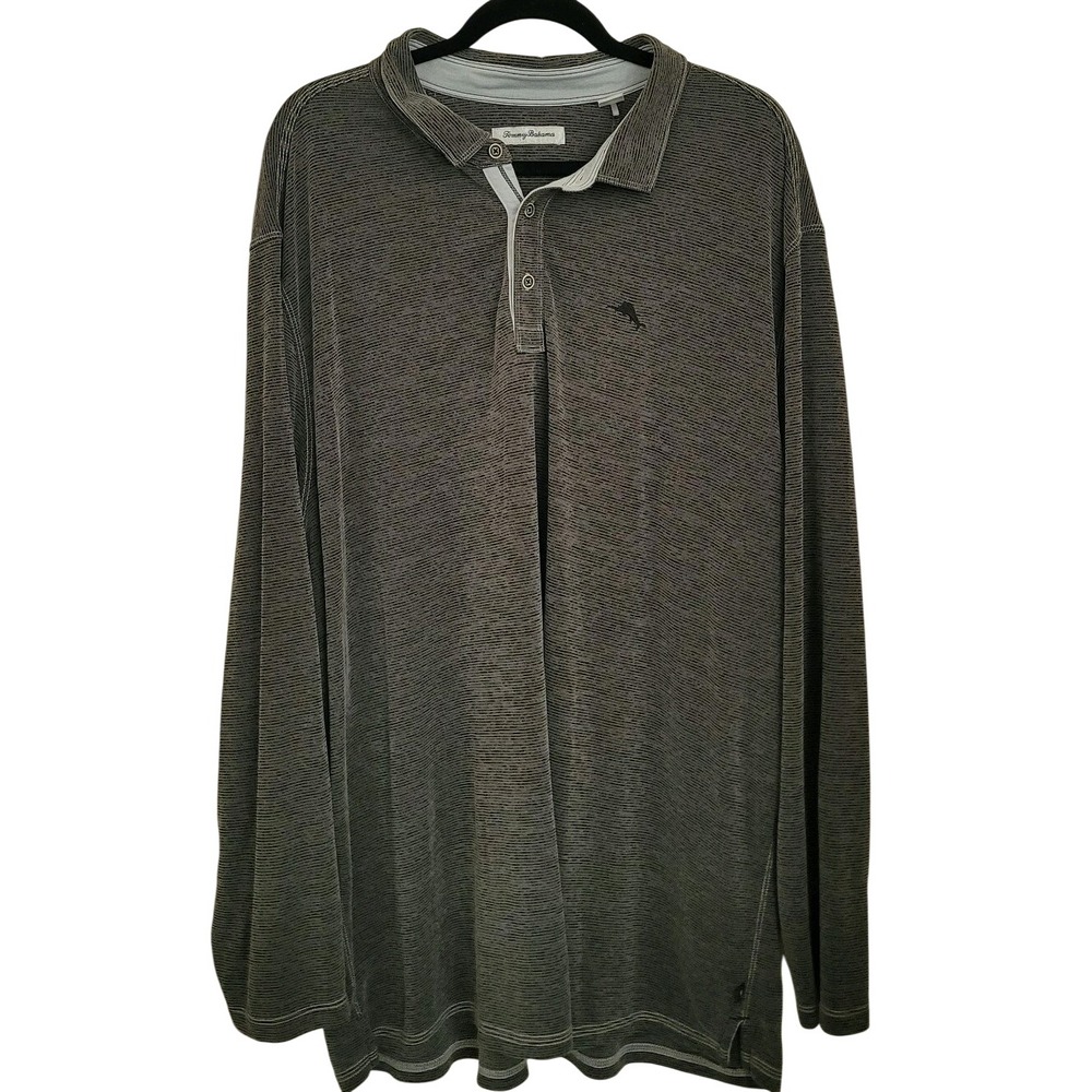 Tommy Bahama 2XL Big & Tall Gray Striped Long Sleeve Polo Shirt TENCEL Modal